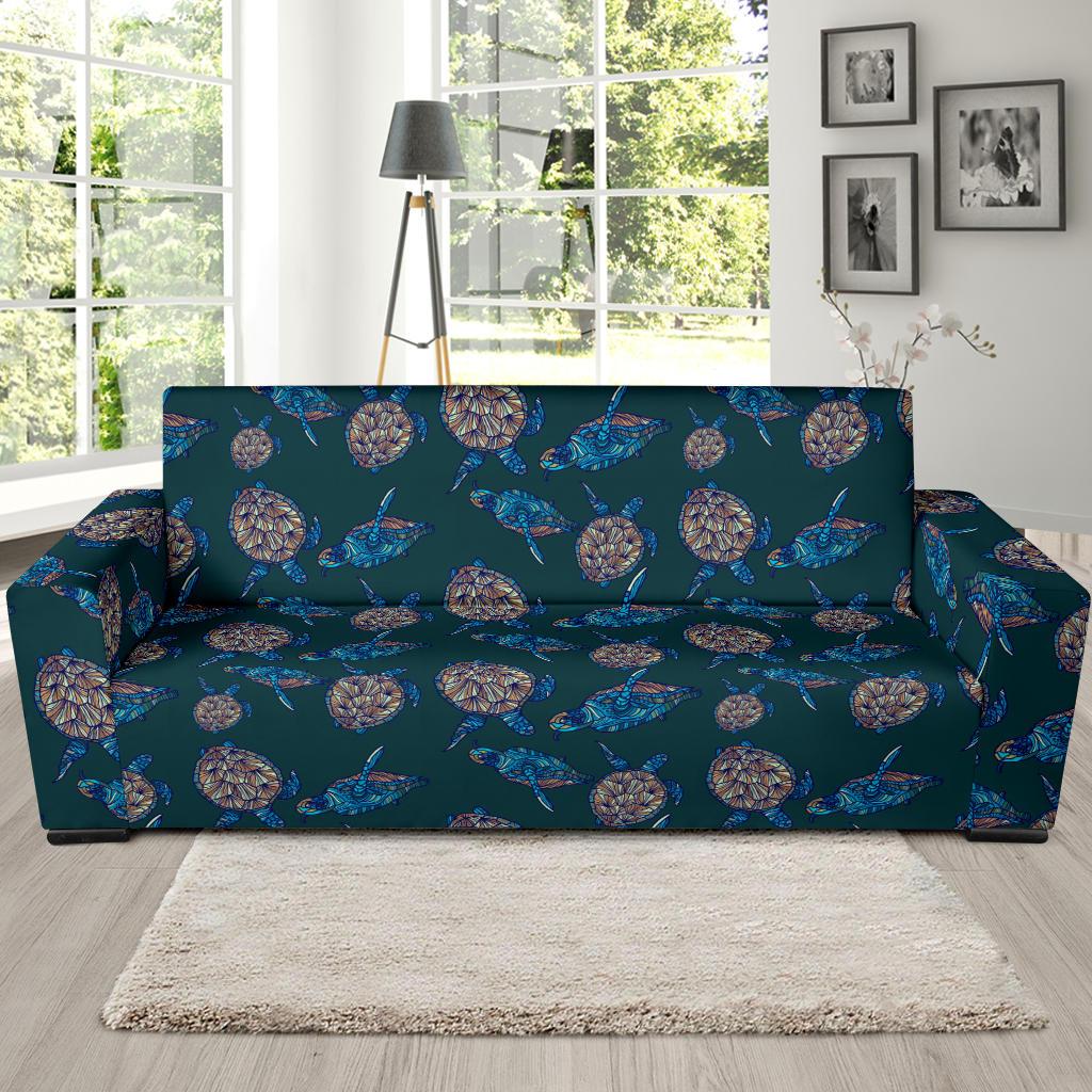 Sea Turtle Hand Drawn Blue Print Sofa Slipcover-JTAMIGO.COM