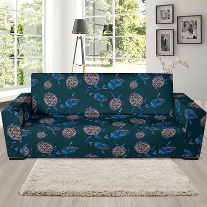 Sea Turtle Hand Drawn Blue Print Sofa Slipcover-JTAMIGO.COM
