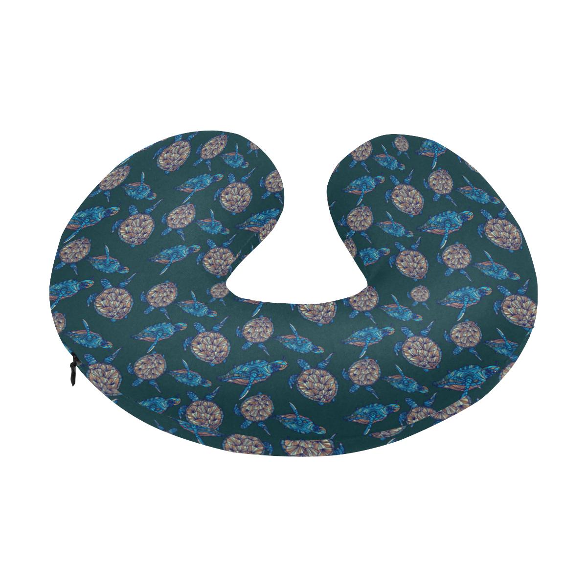Sea Turtle Hand Drawn Blue Print U-Shaped Travel Neck Pillow-JTAMIGO.COM