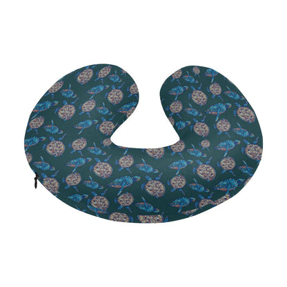 Sea Turtle Hand Drawn Blue Print U-Shaped Travel Neck Pillow-JTAMIGO.COM