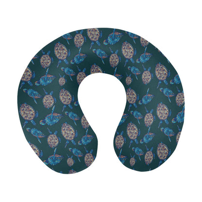 Sea Turtle Hand Drawn Blue Print U-Shaped Travel Neck Pillow-JTAMIGO.COM