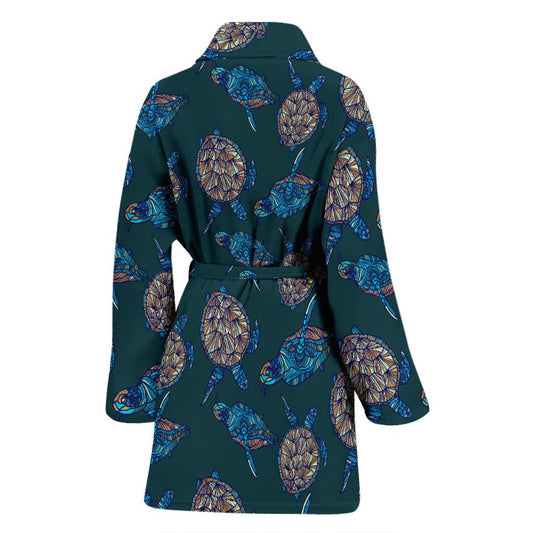 Sea Turtle Hand Drawn Blue Print Women Bath Robe-JTAMIGO.COM