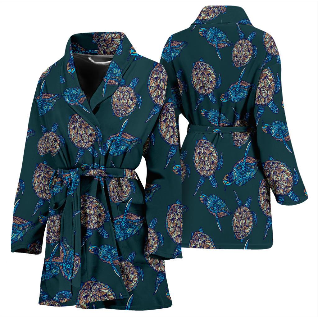 Sea Turtle Hand Drawn Blue Print Women Bath Robe-JTAMIGO.COM