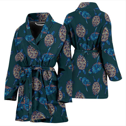 Sea Turtle Hand Drawn Blue Print Women Bath Robe-JTAMIGO.COM