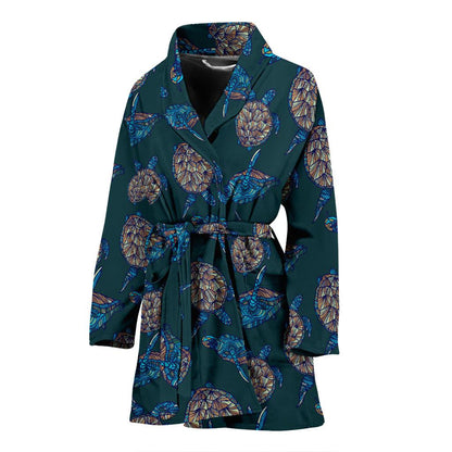 Sea Turtle Hand Drawn Blue Print Women Bath Robe-JTAMIGO.COM