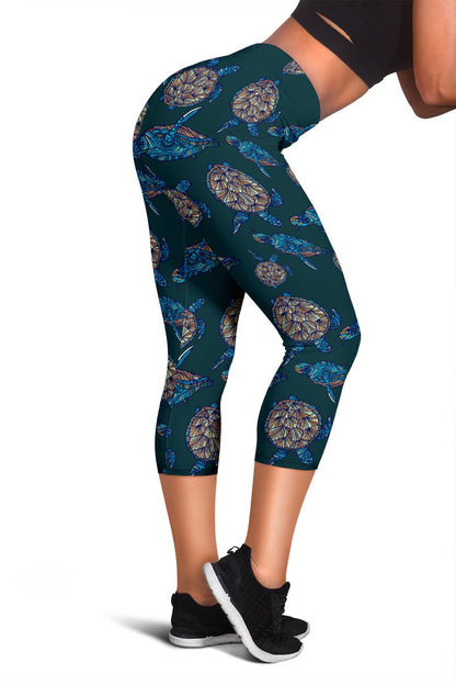 Sea Turtle Hand Drawn Blue Print Women Capris