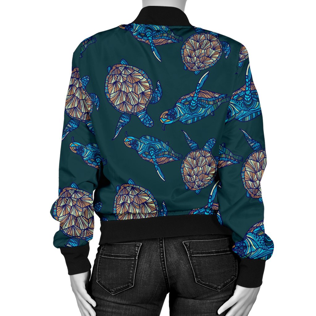Sea Turtle Hand Drawn Blue Print Women Casual Bomber Jacket