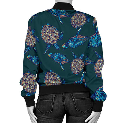 Sea Turtle Hand Drawn Blue Print Women Casual Bomber Jacket