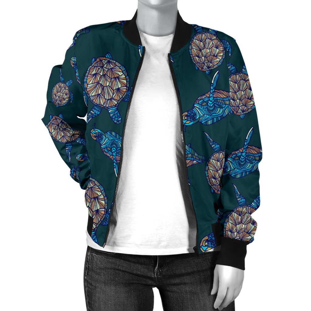 Sea Turtle Hand Drawn Blue Print Women Casual Bomber Jacket