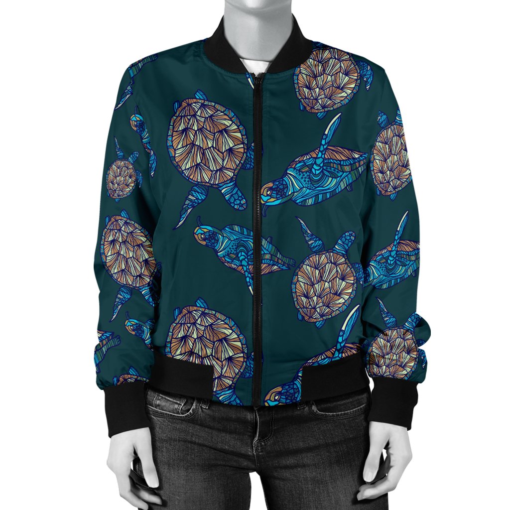 Sea Turtle Hand Drawn Blue Print Women Casual Bomber Jacket