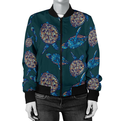 Sea Turtle Hand Drawn Blue Print Women Casual Bomber Jacket