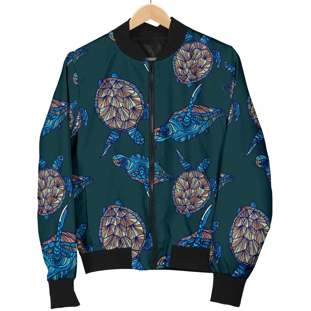 Sea Turtle Hand Drawn Blue Print Women Casual Bomber Jacket