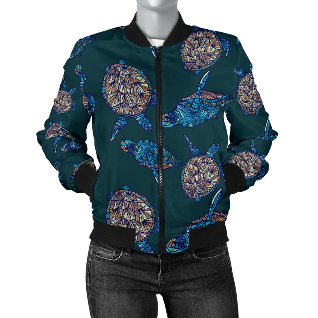 Sea Turtle Hand Drawn Blue Print Women Casual Bomber Jacket
