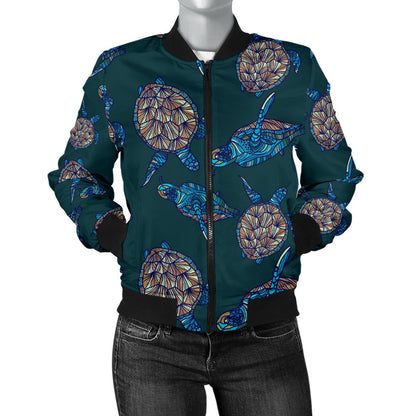 Sea Turtle Hand Drawn Blue Print Women Casual Bomber Jacket
