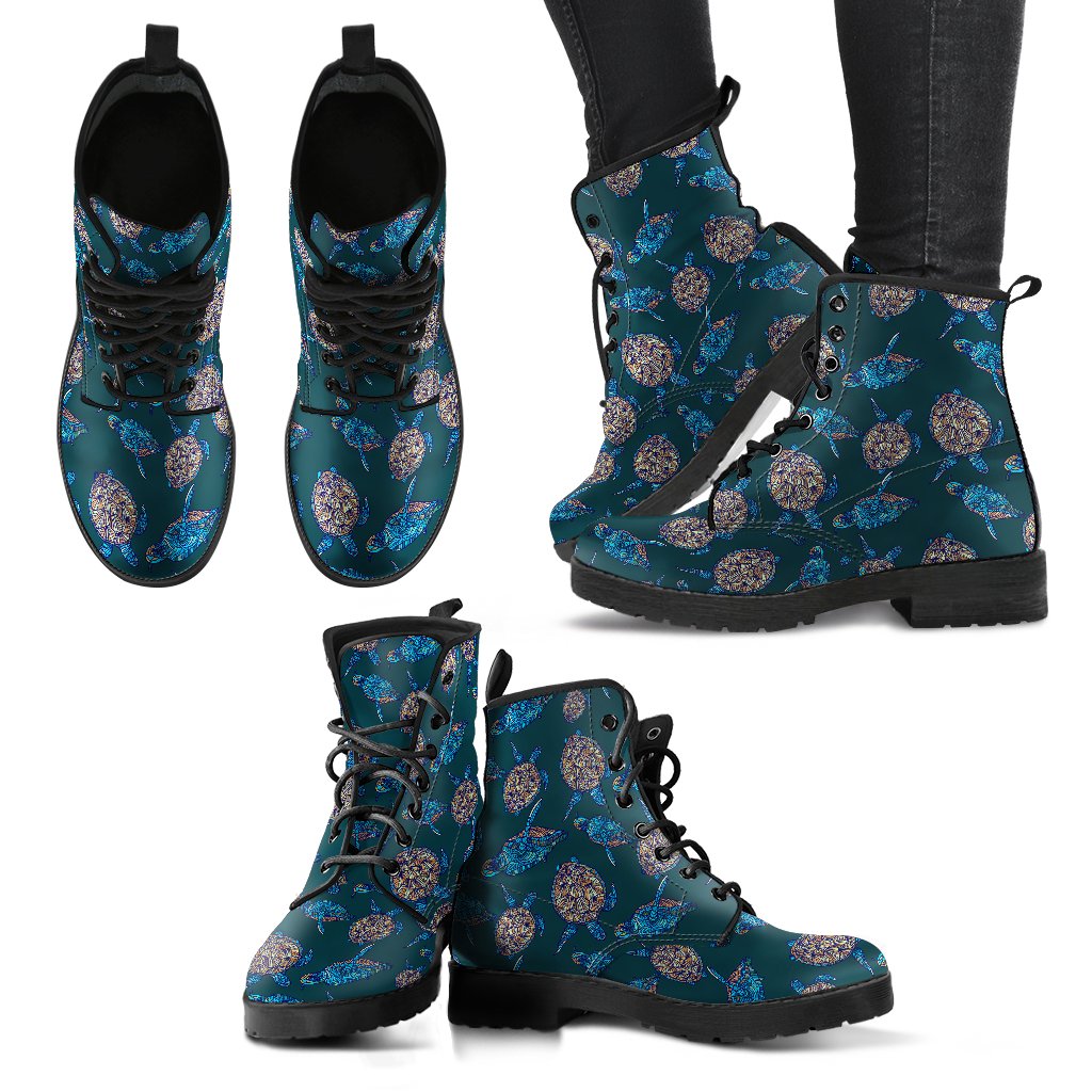 Sea Turtle Hand Drawn Blue Print Women Leather Boots-JTAMIGO.COM