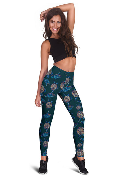 Sea Turtle Hand Drawn Blue Print Women Leggings