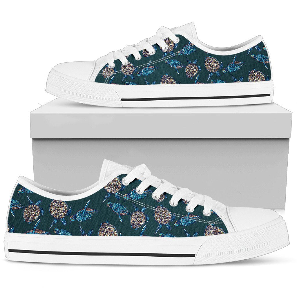Sea Turtle Hand Drawn Blue Print Women Low Top Shoes-JTAMIGO.COM