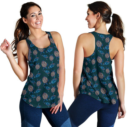 Sea Turtle Hand Drawn Blue Print Women Racerback Tank Top