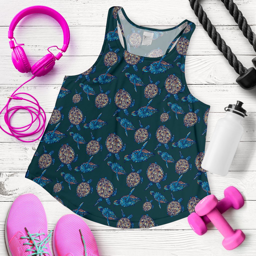 Sea Turtle Hand Drawn Blue Print Women Racerback Tank Top