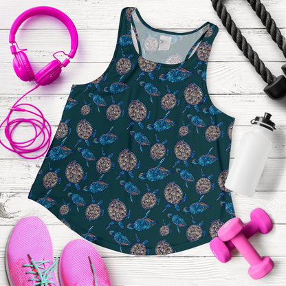 Sea Turtle Hand Drawn Blue Print Women Racerback Tank Top