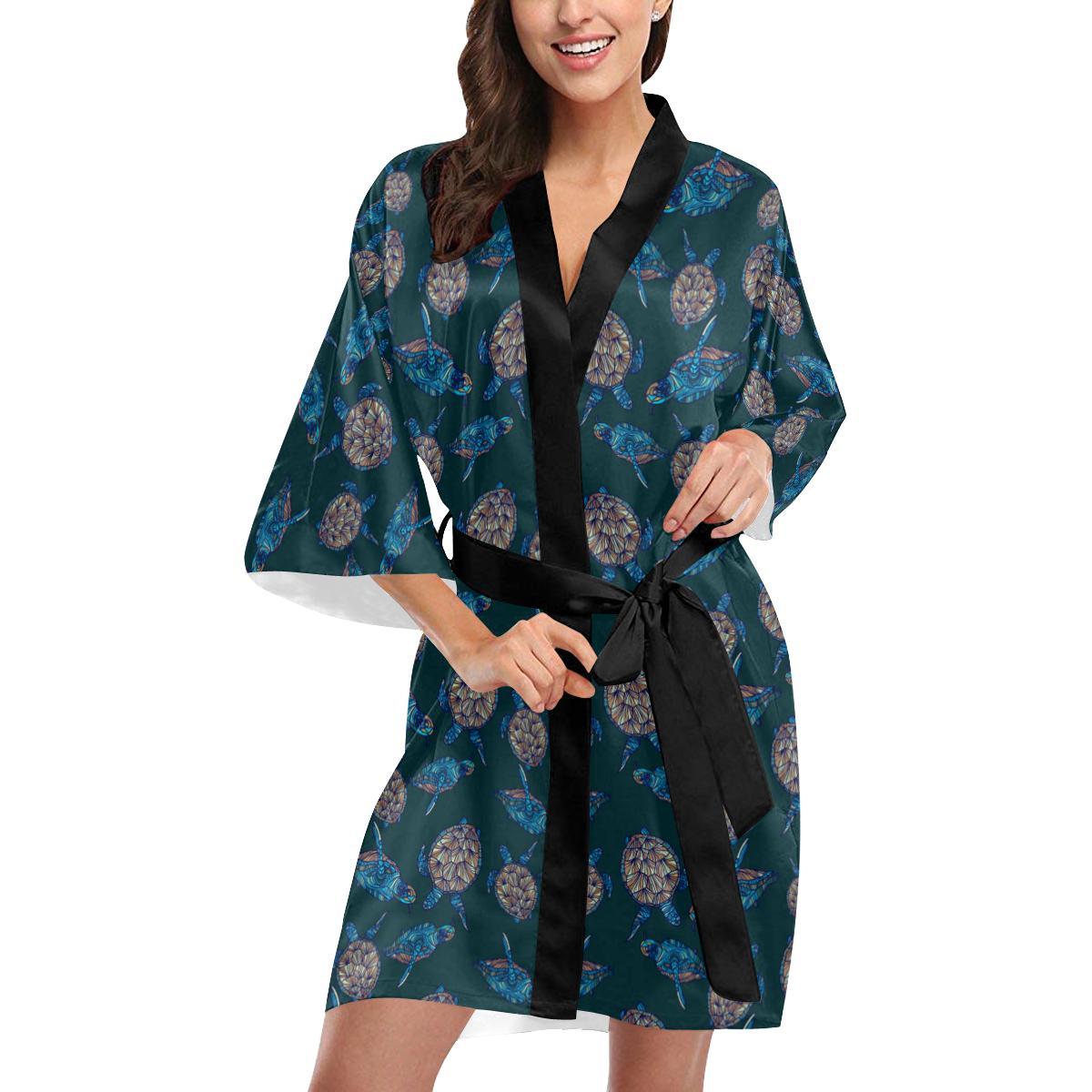 Sea Turtle Hand Drawn Blue Print Women Short Kimono Robe