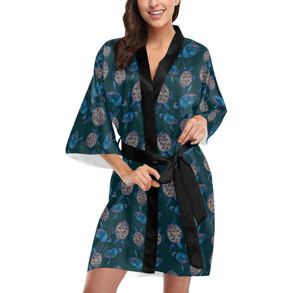 Sea Turtle Hand Drawn Blue Print Women Short Kimono Robe