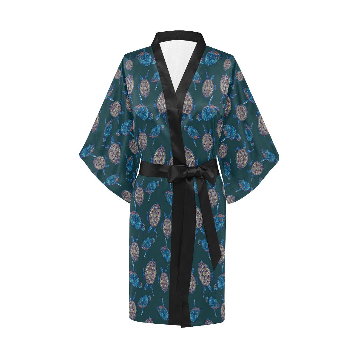 Sea Turtle Hand Drawn Blue Print Women Short Kimono Robe