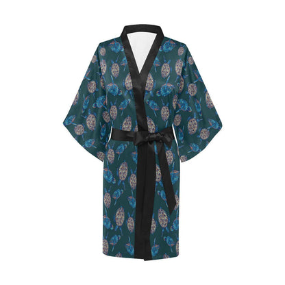 Sea Turtle Hand Drawn Blue Print Women Short Kimono Robe