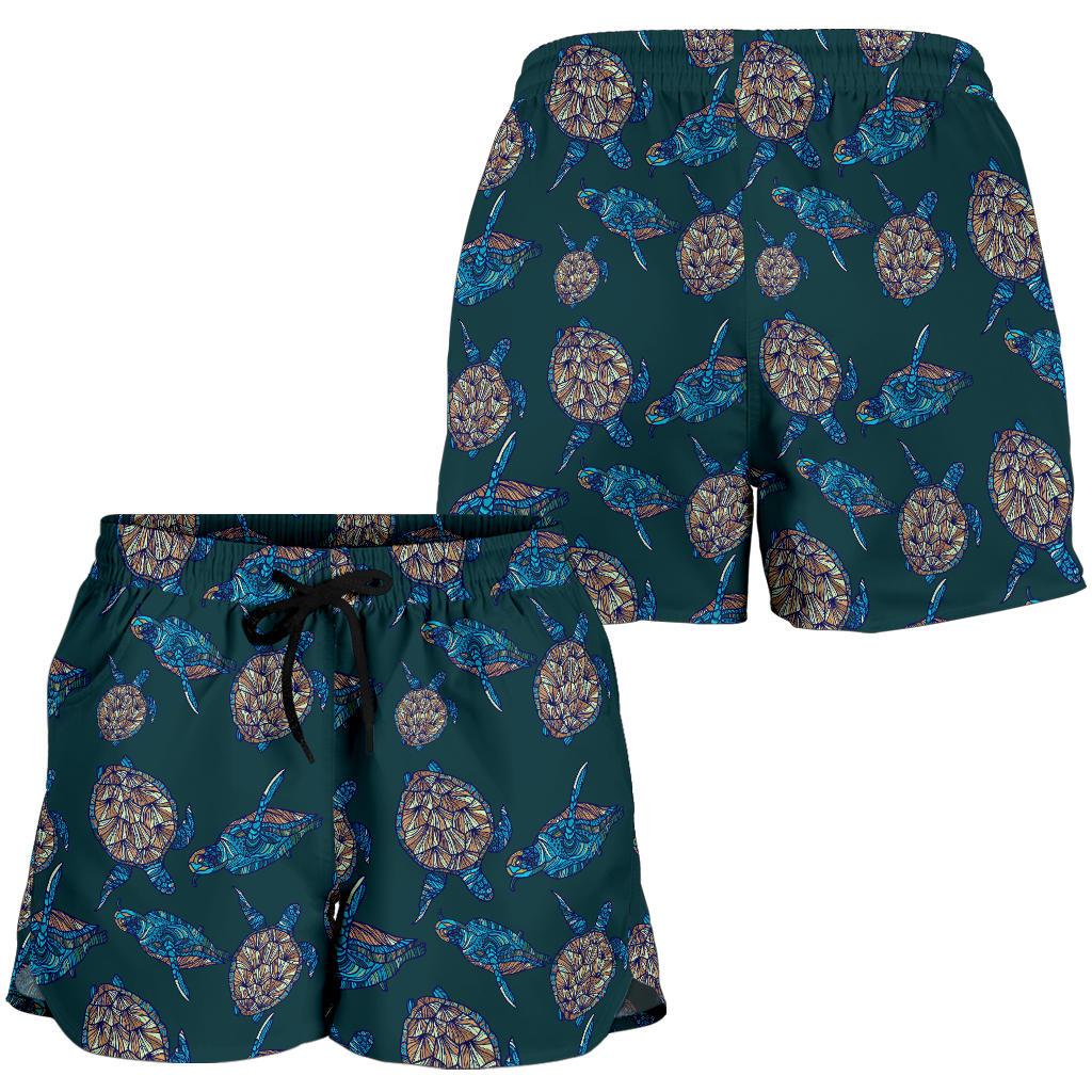 Sea Turtle Hand Drawn Blue Print Women Shorts-JTAMIGO.COM