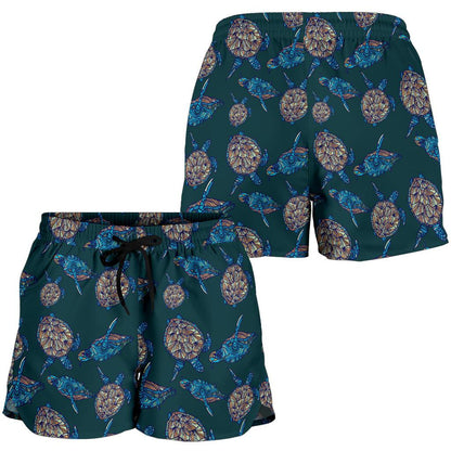 Sea Turtle Hand Drawn Blue Print Women Shorts-JTAMIGO.COM