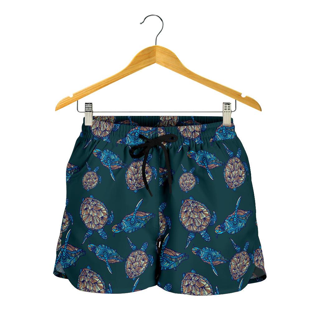 Sea Turtle Hand Drawn Blue Print Women Shorts-JTAMIGO.COM