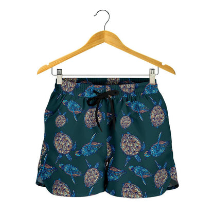 Sea Turtle Hand Drawn Blue Print Women Shorts-JTAMIGO.COM