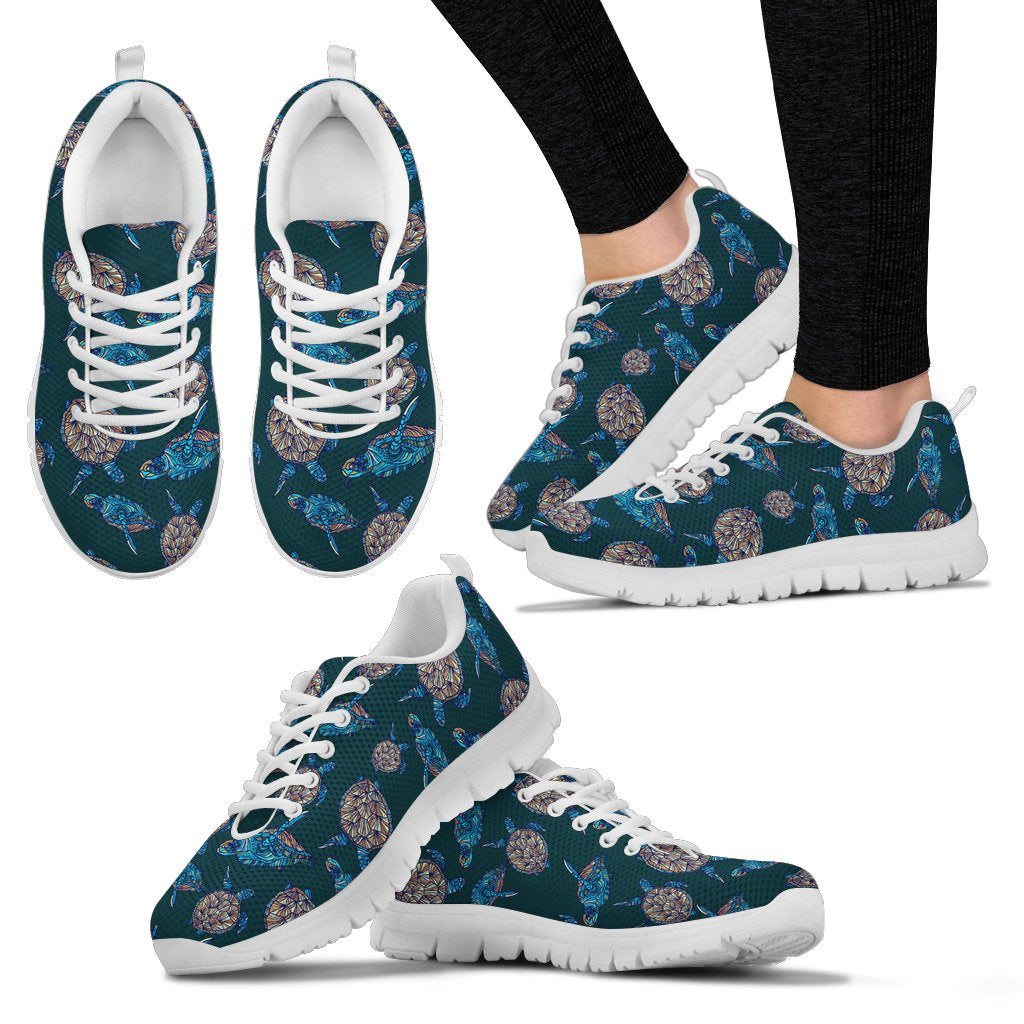 Sea Turtle Hand Drawn Blue Print Women Sneakers Shoes