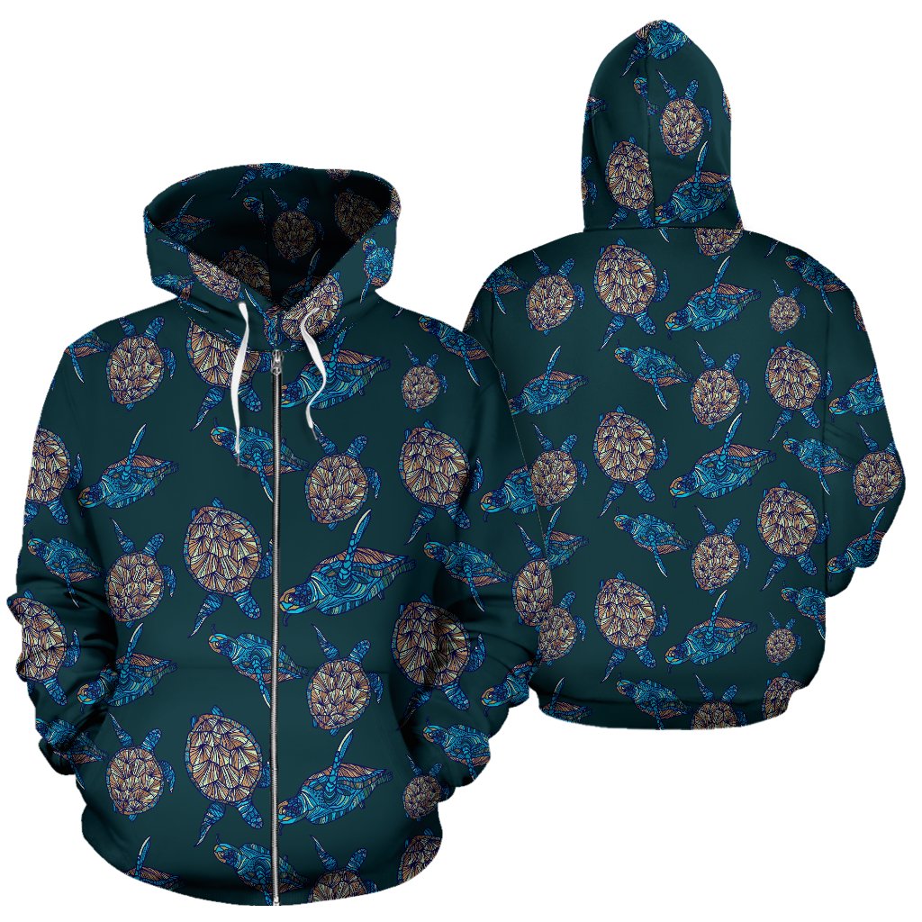 Sea Turtle Hand Drawn Blue Print Zip Up Hoodie