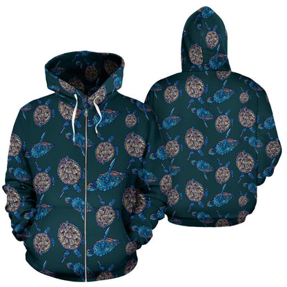 Sea Turtle Hand Drawn Blue Print Zip Up Hoodie