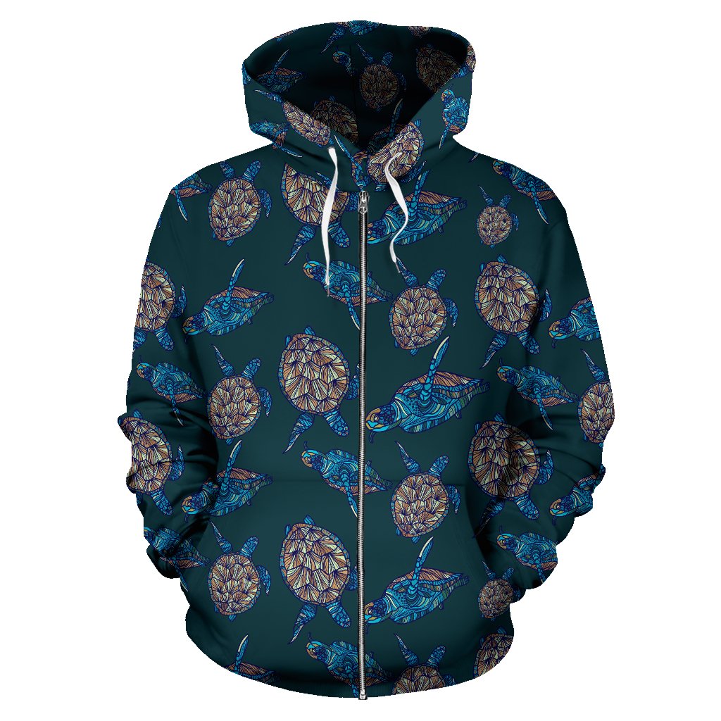 Sea Turtle Hand Drawn Blue Print Zip Up Hoodie