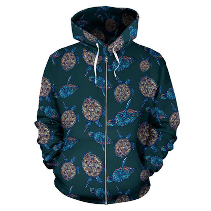 Sea Turtle Hand Drawn Blue Print Zip Up Hoodie