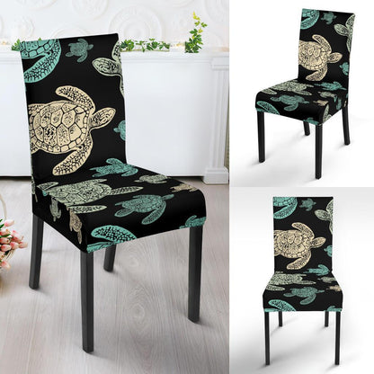 Sea Turtle Stamp Pattern Dining Chair Slipcover-JTAMIGO.COM