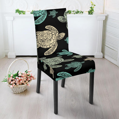 Sea Turtle Stamp Pattern Dining Chair Slipcover-JTAMIGO.COM