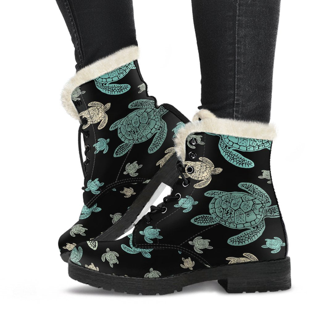 Sea Turtle Stamp Pattern Faux Fur Leather Boots-JTAMIGO.COM