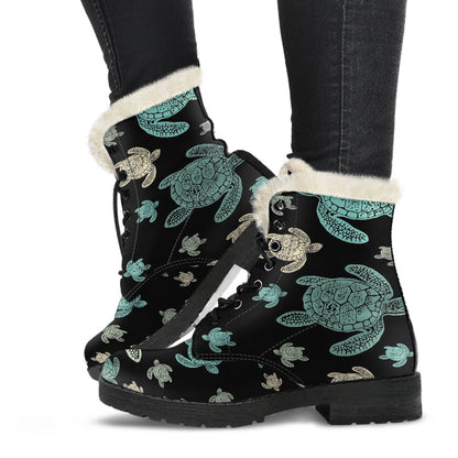 Sea Turtle Stamp Pattern Faux Fur Leather Boots-JTAMIGO.COM