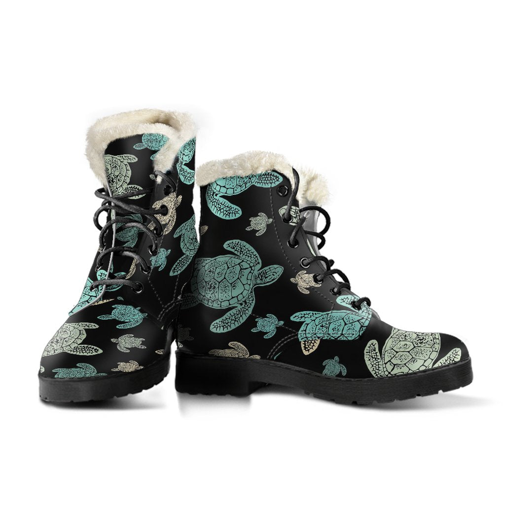 Sea Turtle Stamp Pattern Faux Fur Leather Boots-JTAMIGO.COM