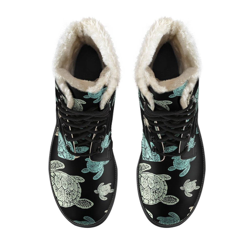 Sea Turtle Stamp Pattern Faux Fur Leather Boots-JTAMIGO.COM