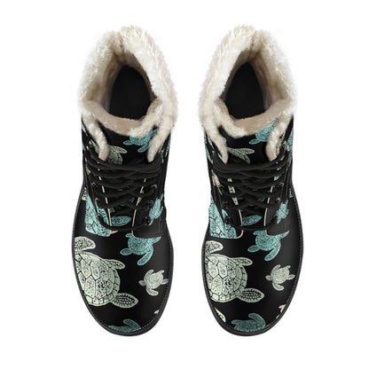 Sea Turtle Stamp Pattern Faux Fur Leather Boots-JTAMIGO.COM