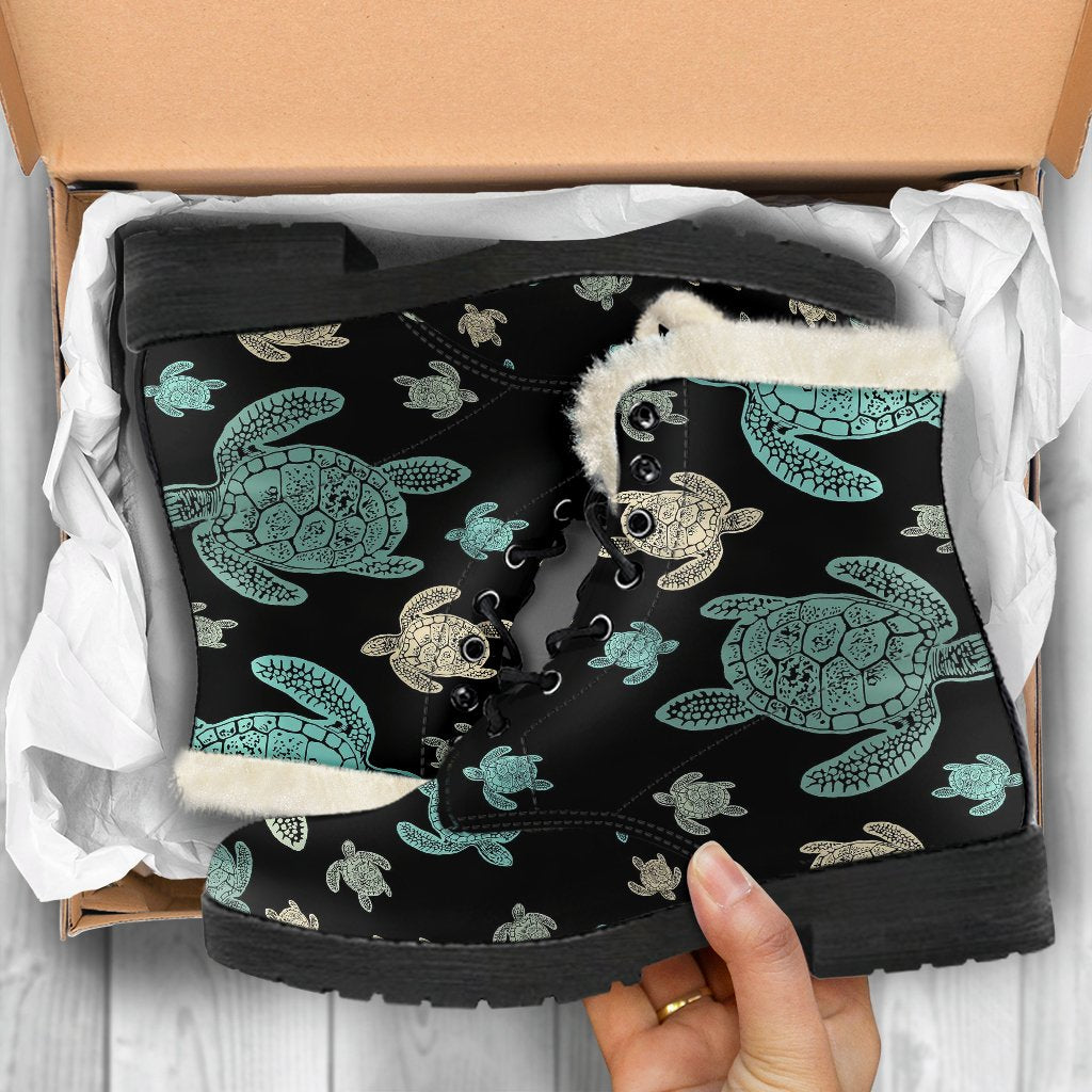 Sea Turtle Stamp Pattern Faux Fur Leather Boots-JTAMIGO.COM