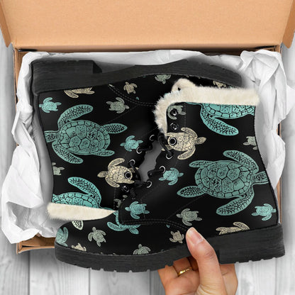 Sea Turtle Stamp Pattern Faux Fur Leather Boots-JTAMIGO.COM