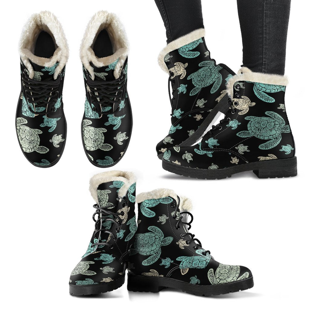 Sea Turtle Stamp Pattern Faux Fur Leather Boots-JTAMIGO.COM