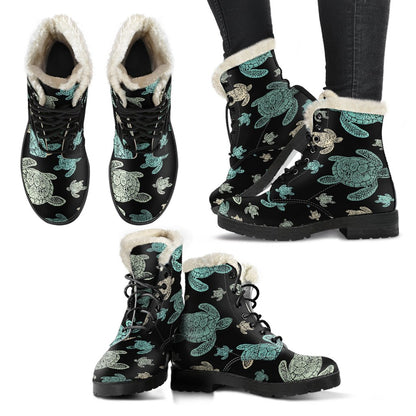Sea Turtle Stamp Pattern Faux Fur Leather Boots-JTAMIGO.COM