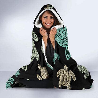 Sea Turtle Stamp Pattern Hooded Blanket-JTAMIGO.COM