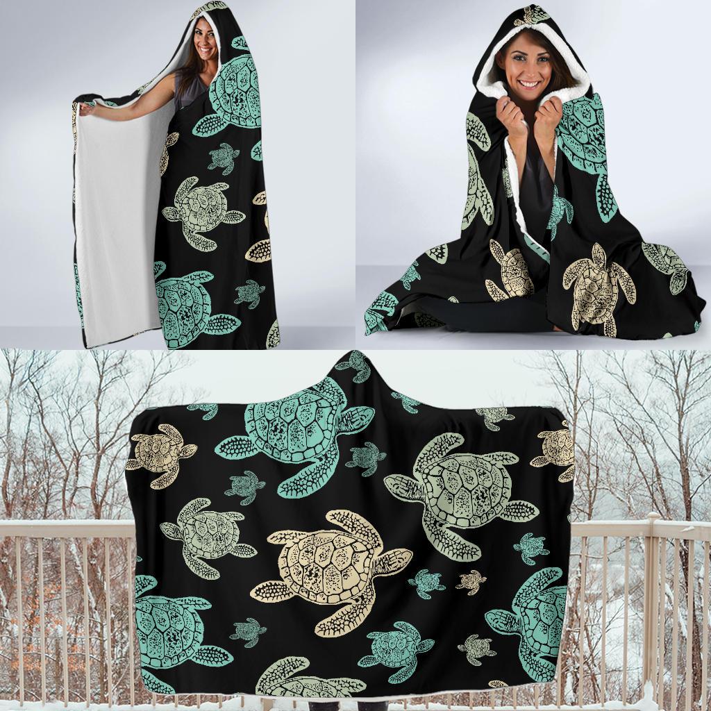 Sea Turtle Stamp Pattern Hooded Blanket-JTAMIGO.COM